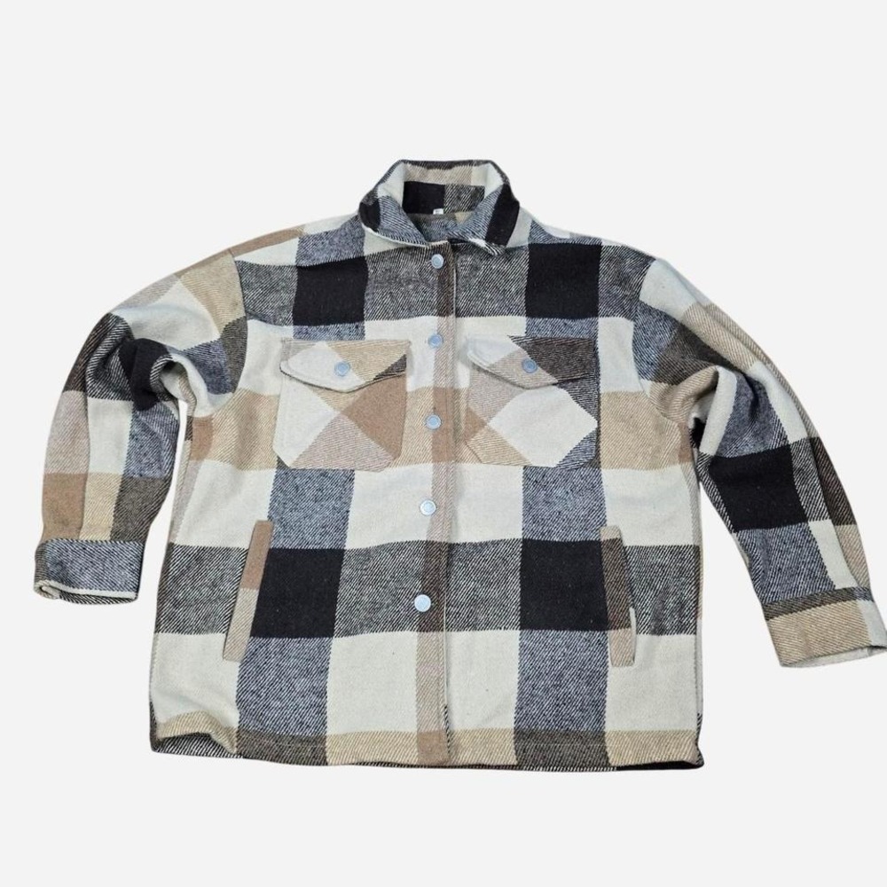 Women's Small Plaid Shacket Jacket Button Front Flannel Tan Black Cozy Overshirt